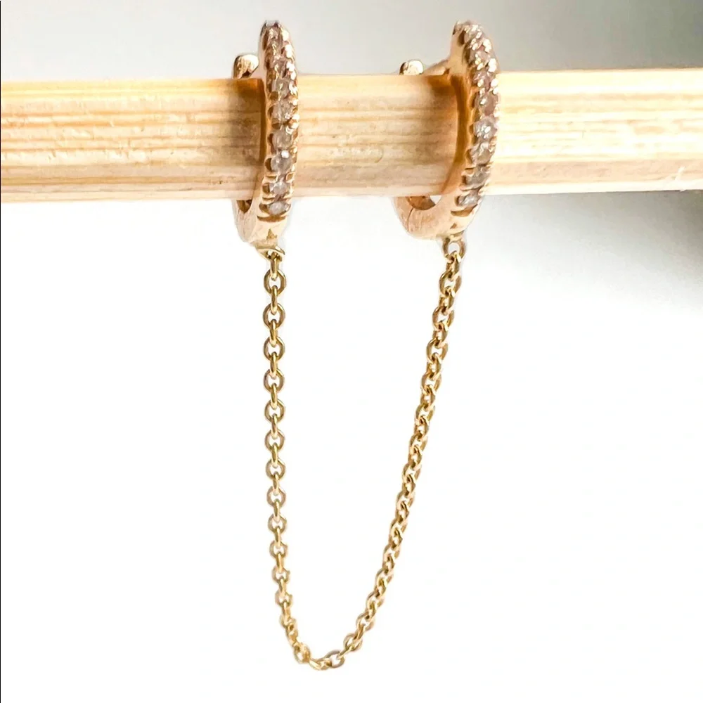 Double Piercing Diamond Huggie with Chain in 14K Yellow Gold - Picture 1 of 8